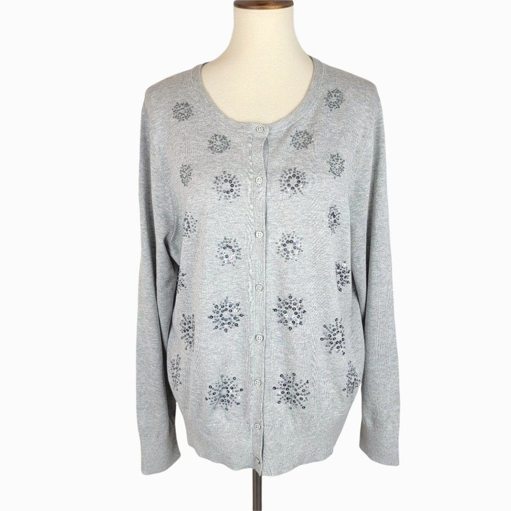 Lands' End Grey Floral Sequins Button Down Long Sleeves Supima Cotton Sweater XL